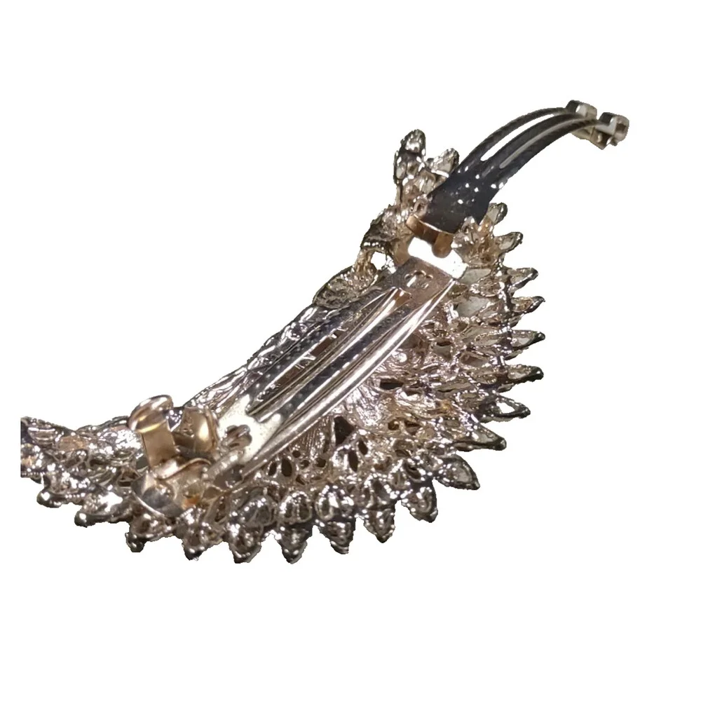Large Peacock Hair Barrette Tension Clip Gold Tone Blue Rhinestone Flaw